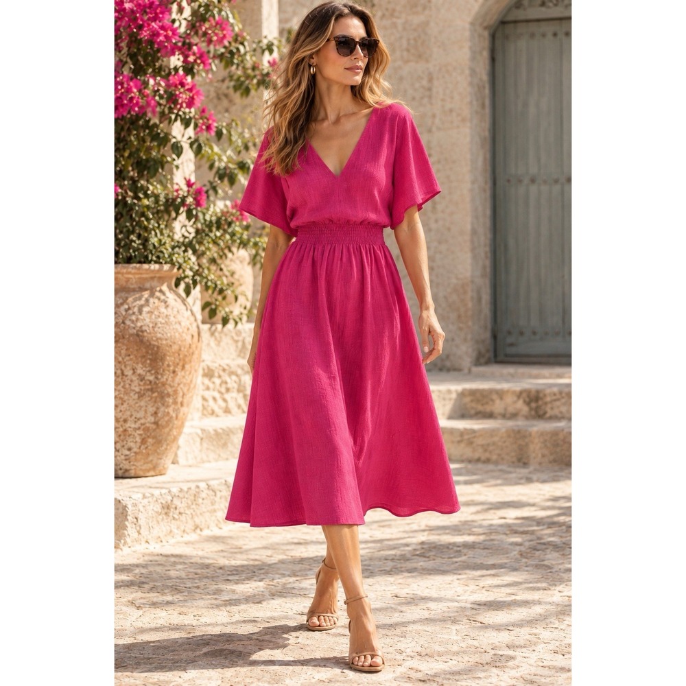 DKNY Dress Pink Fuchsia Midi Size 16 Flutter Sleeve Smocked Waist V Neck